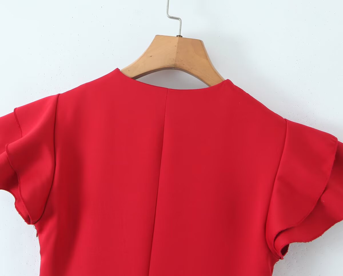 Summer Women Sexy Flying Sleeve Lace up Slim Fitting Patchwork Solid Color Tiered Dress