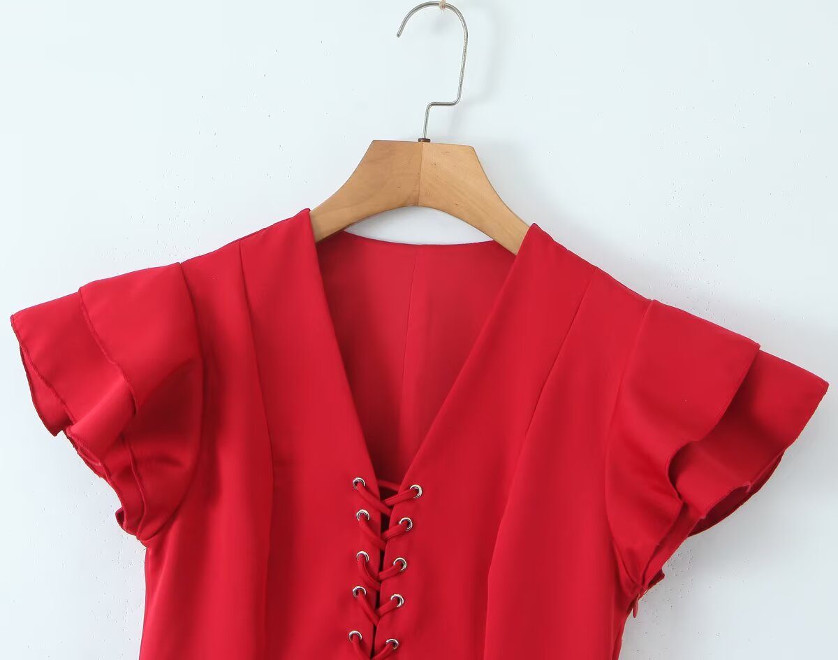 Summer Women Sexy Flying Sleeve Lace up Slim Fitting Patchwork Solid Color Tiered Dress