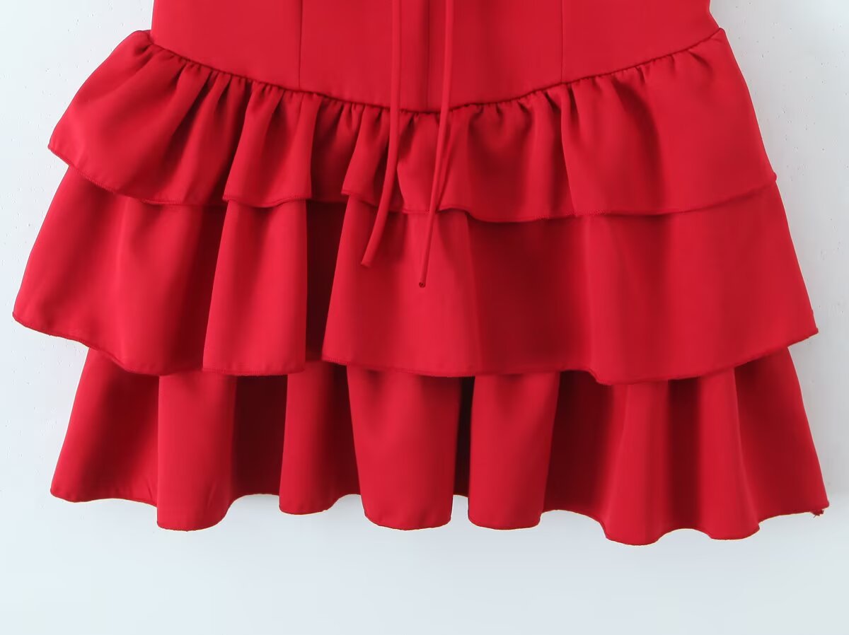 Summer Women Sexy Flying Sleeve Lace up Slim Fitting Patchwork Solid Color Tiered Dress