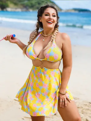 product - wholesale Plus Size Floral Printed Oversized Bikinis With Skirt Swimsuit Women Halter Bathing Suits - 1