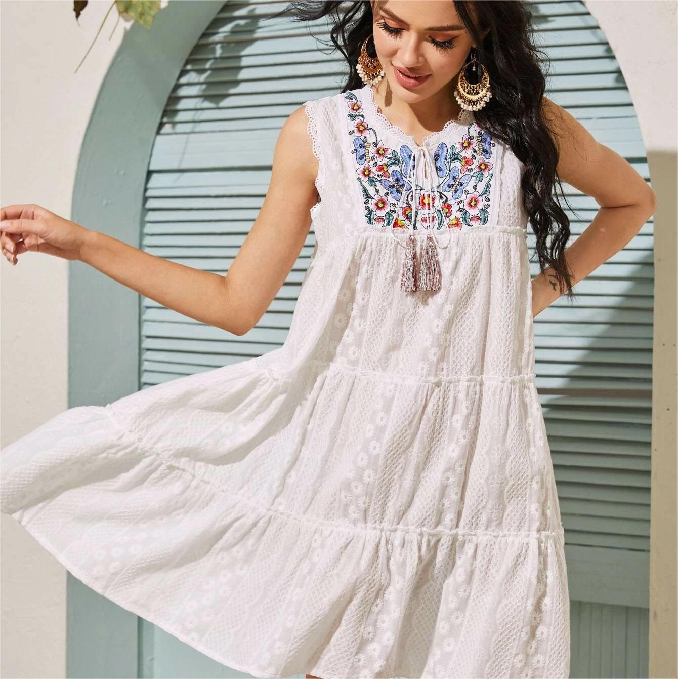 Machine Embroidery Lace With Flying Sleeve Tiered Dress - Dresses - Uniqistic.com