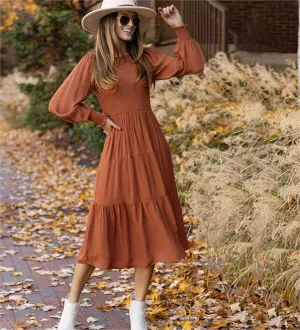 product - wholesale Autumn Winter Women Clothing Retro French round Neck Lantern Sleeve Smocking Dress - 1