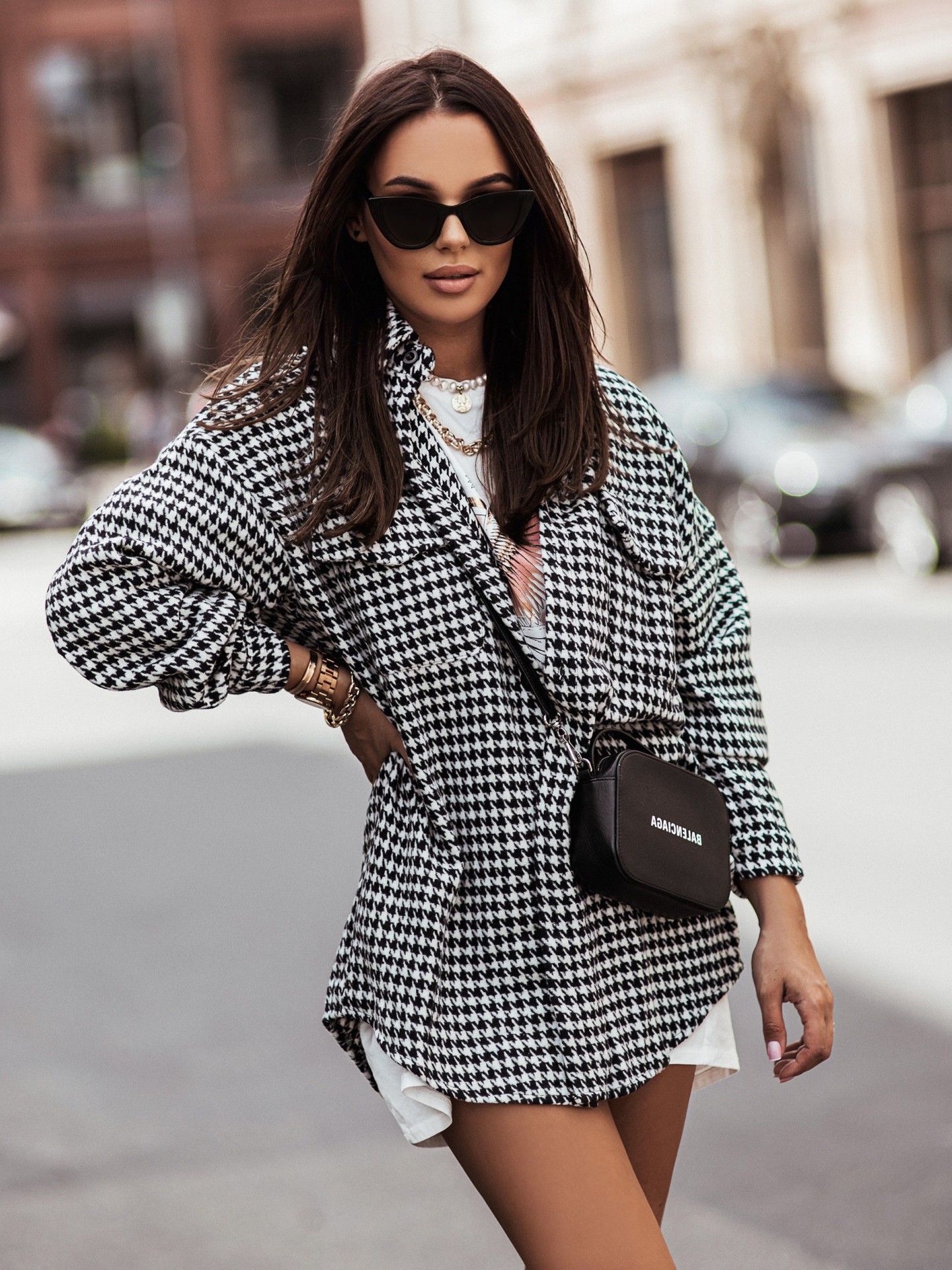 Loose Long Sleeved Woolen Houndstooth Collared Double Pocket Jacket - Coats & Jackets - Uniqistic.com