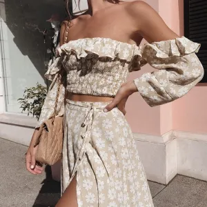 product - wholesale Twist Off Shoulder Casual Women Dress Ruffle Beach Summer Dresses Women Floral Print Skirt Set Vestidos - 1