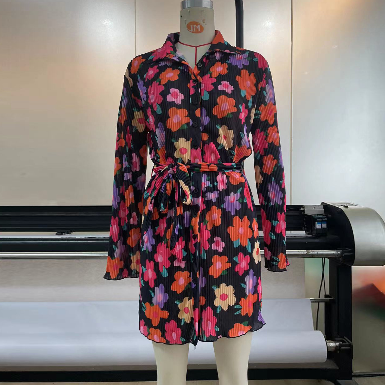 Floral Print Lace-up Turn-down Collar Single Breasted Cardigan Long Sleeve Dress - Dresses - Uniqistic.com