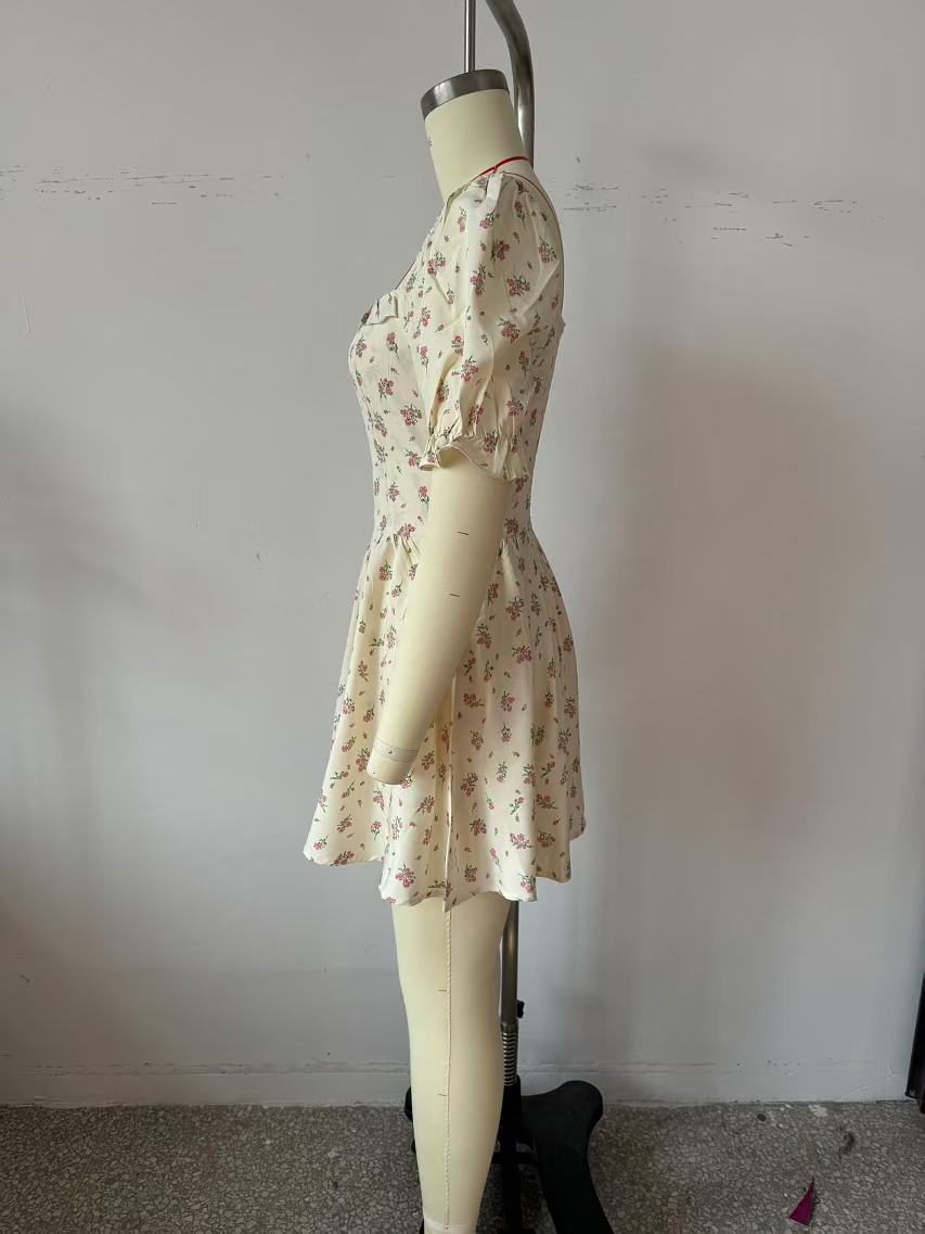 Spring Women Clothing Ruffled Short Sleeves Floral Dress