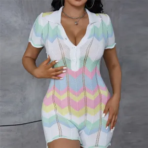 product - wholesale Fall Women Clothing Polo Collar Wave Short Sleeve Slim Fit Hip Raise Knitted Romper - 3