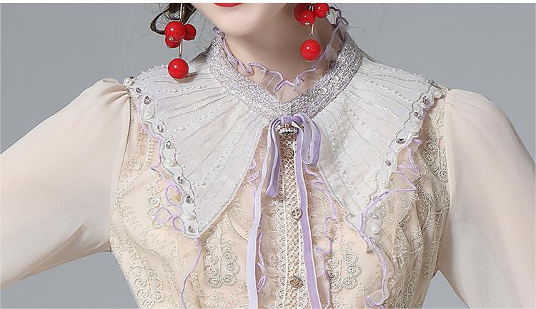 Mesh Embroidery Bead Stitch Long Sleeve A Line Dress