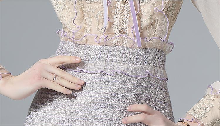 Mesh Embroidery Bead Stitch Long Sleeve A Line Dress