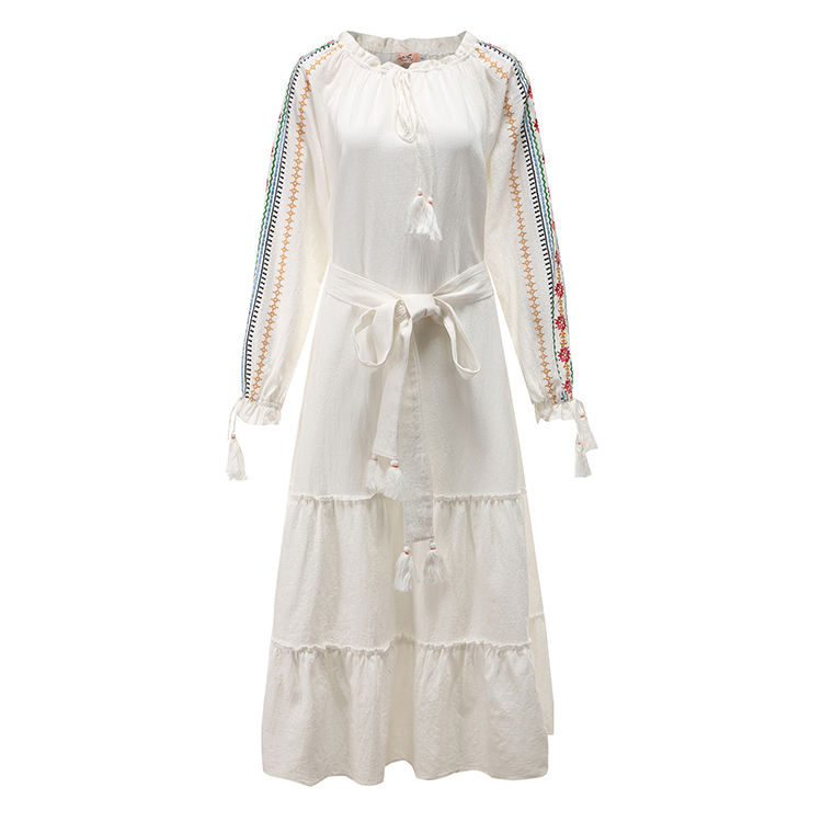 Bohemian Holiday Style Strap Embroidered Tassel Long Sleeve Tiered Dress - Dresses - Uniqistic.com