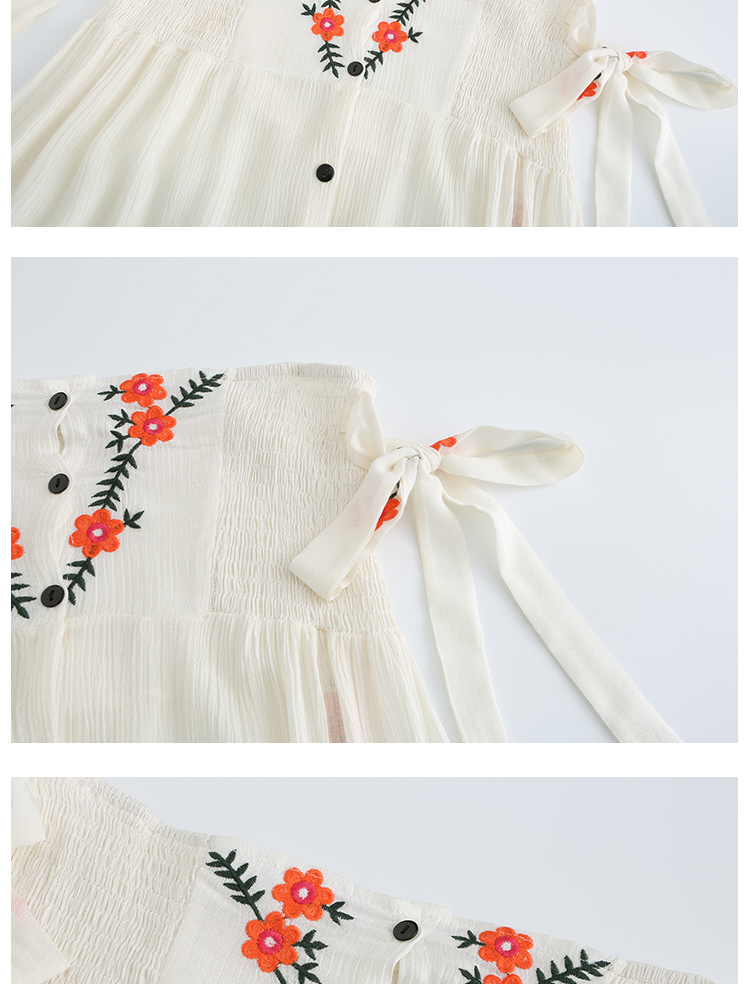 Vacation Embroidered Collar Shoulder Hanging Long Bohemian White Beach Dress - Bohemian White Beach Dress - Uniqistic.com
