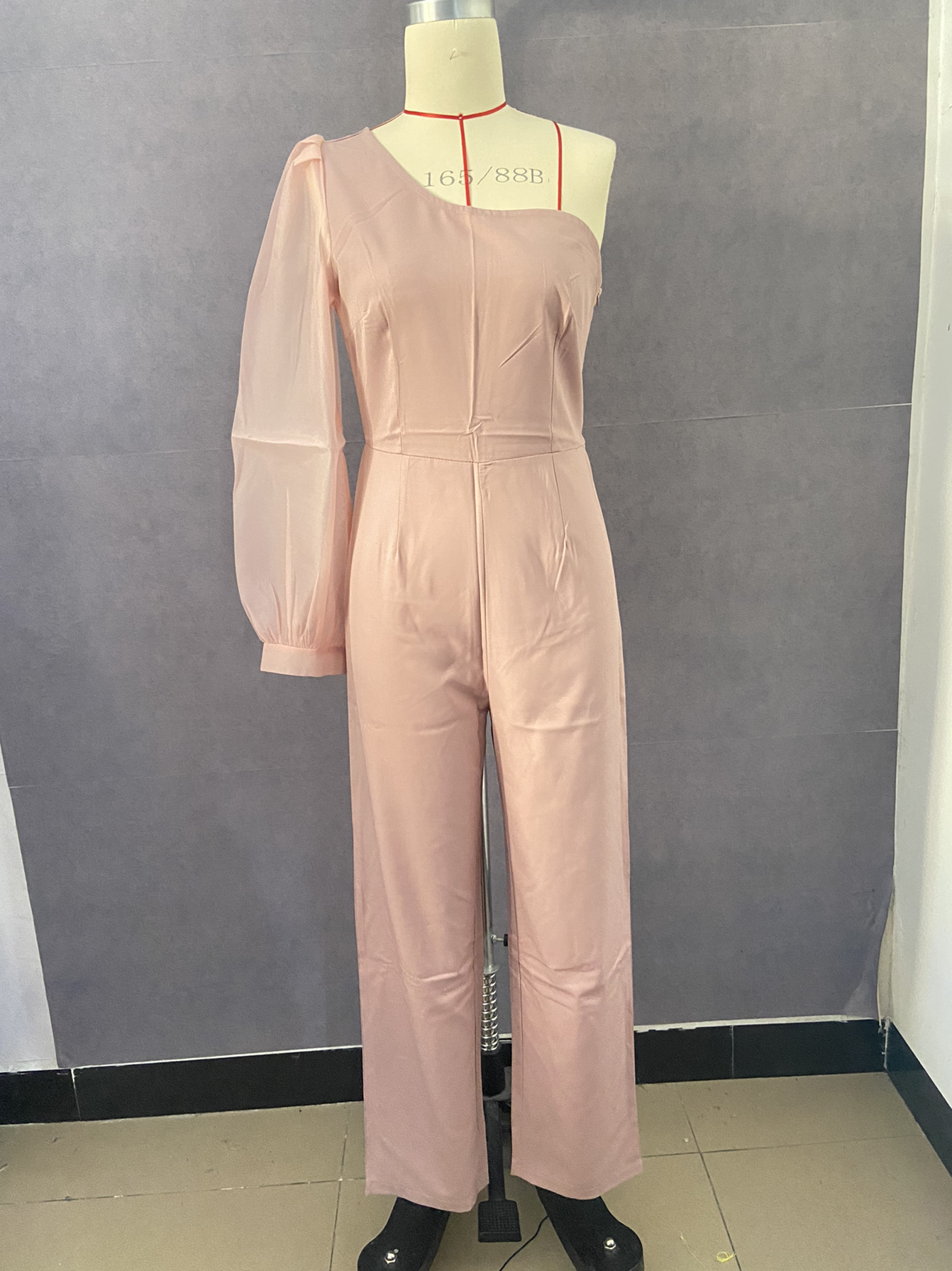 Celebrity Sweet Cute Lantern Sleeve Pink One-Shoulder Jumpsuit in Jumpsuits & Rompers