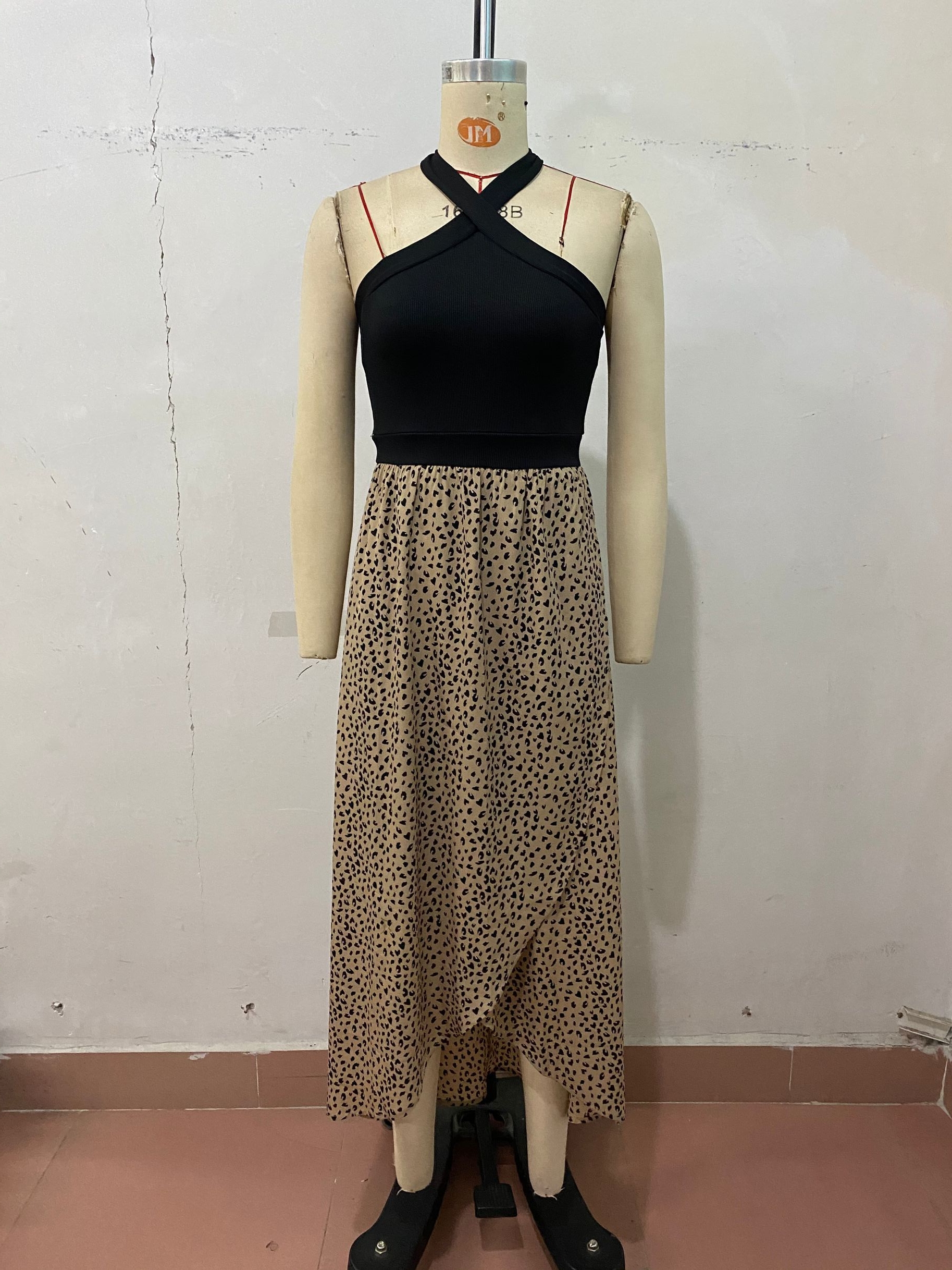  Leopard Print Halter Asymmetric Slit Dress