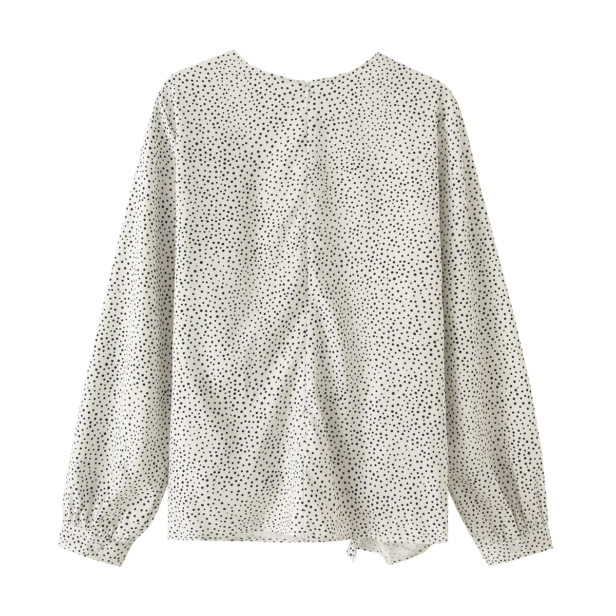 Women Clothing Spring Summer Polka Dot Belt Metal Buckle Lace-up round Neck Long Sleeve Top
