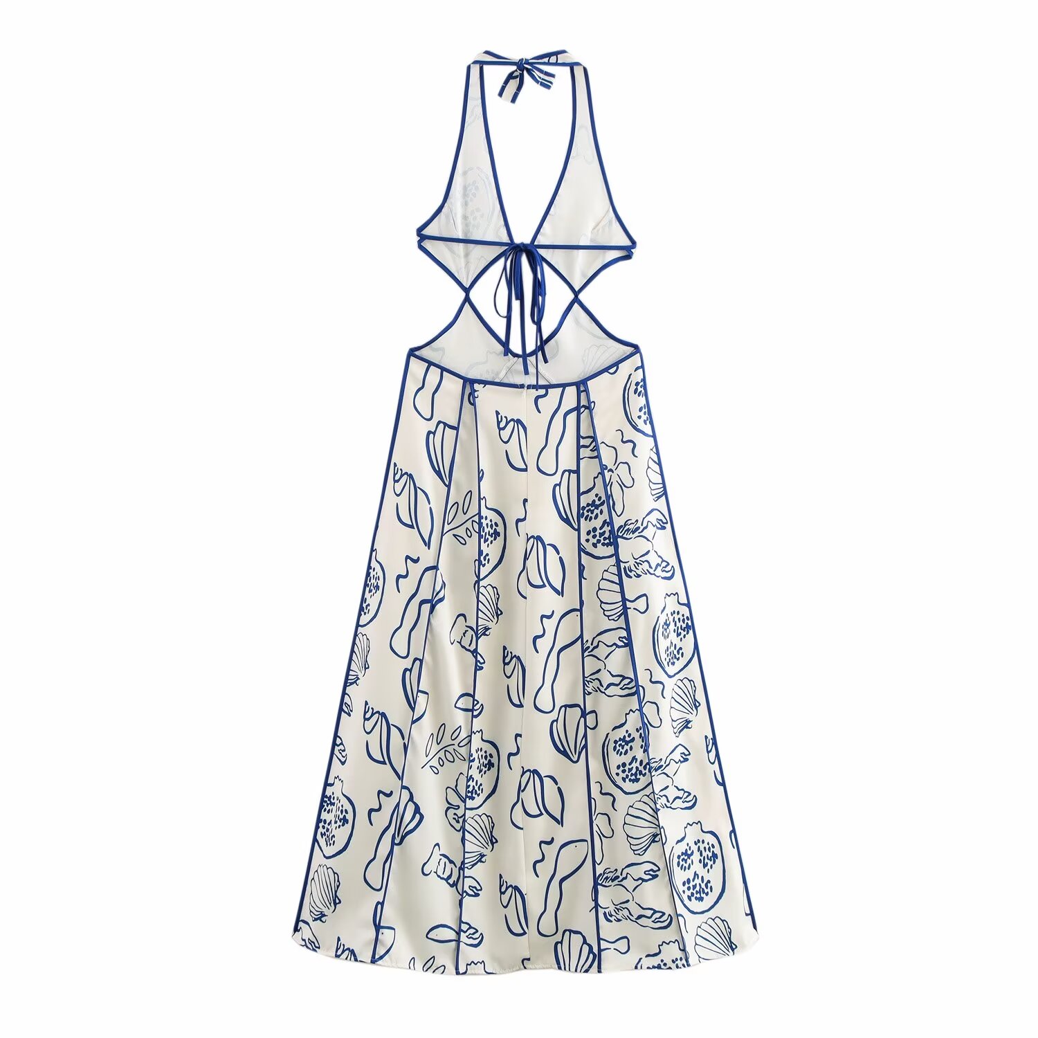 Spring Women Clothing Elegant Printed V neck Hollow Out Cutout out Tied Vacation Dress