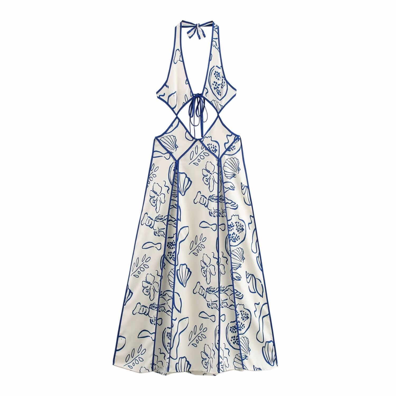 Spring Women Clothing Elegant Printed V neck Hollow Out Cutout out Tied Vacation Dress
