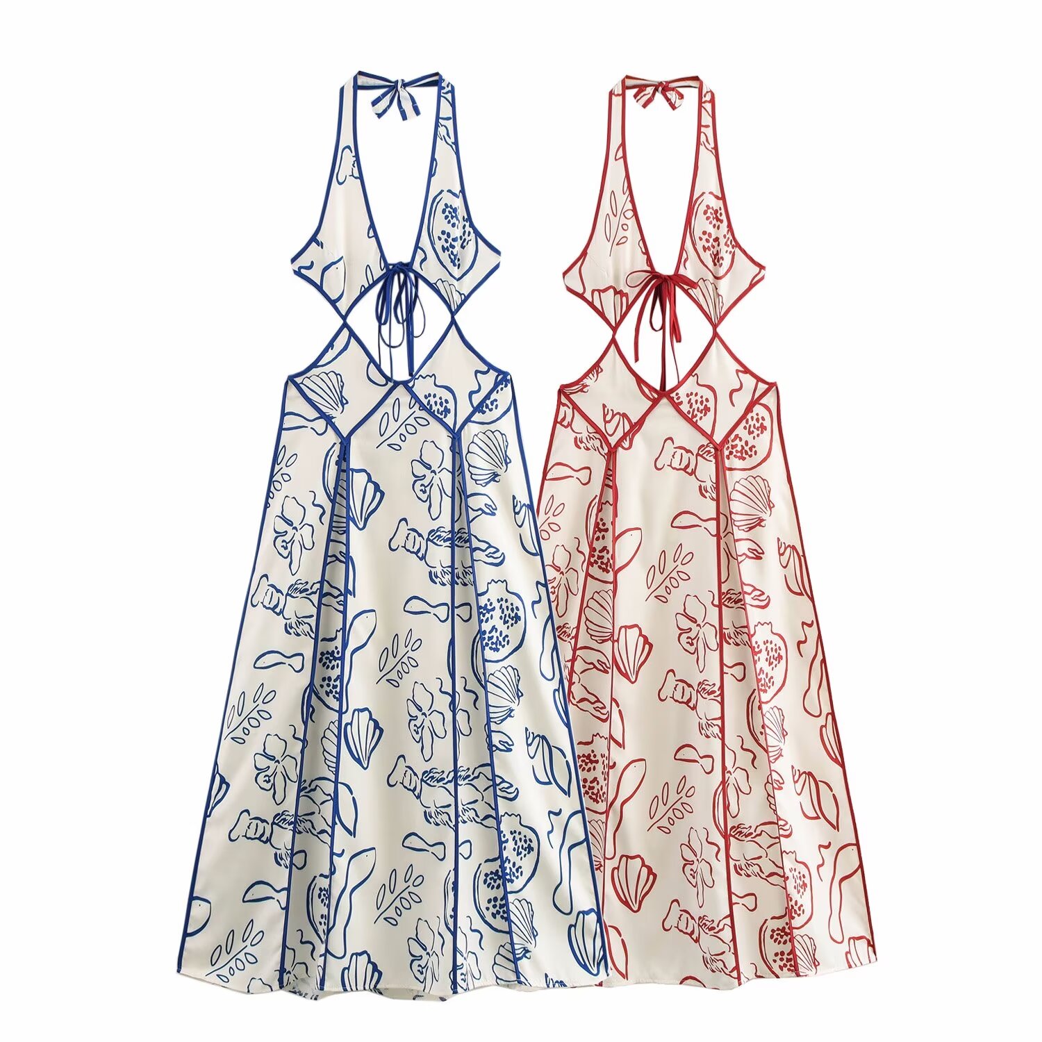 Spring Women Clothing Elegant Printed V neck Hollow Out Cutout out Tied Vacation Dress