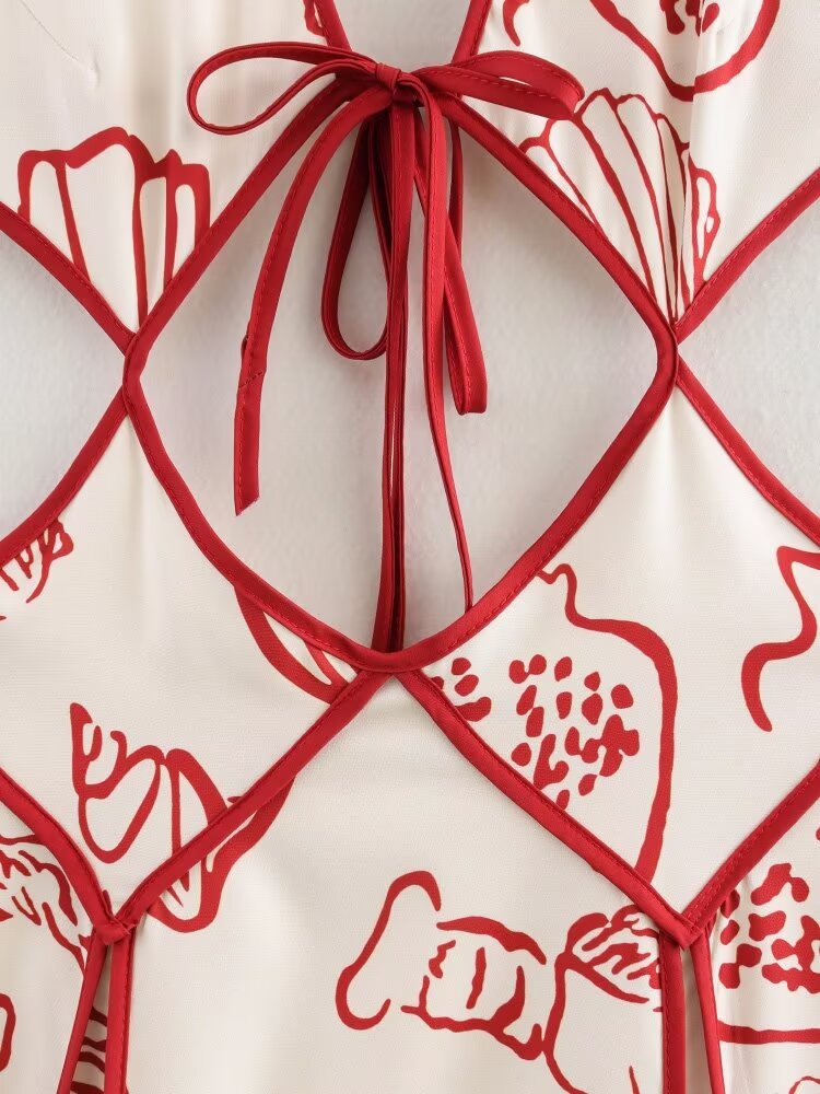 Spring Women Clothing Elegant Printed V neck Hollow Out Cutout out Tied Vacation Dress