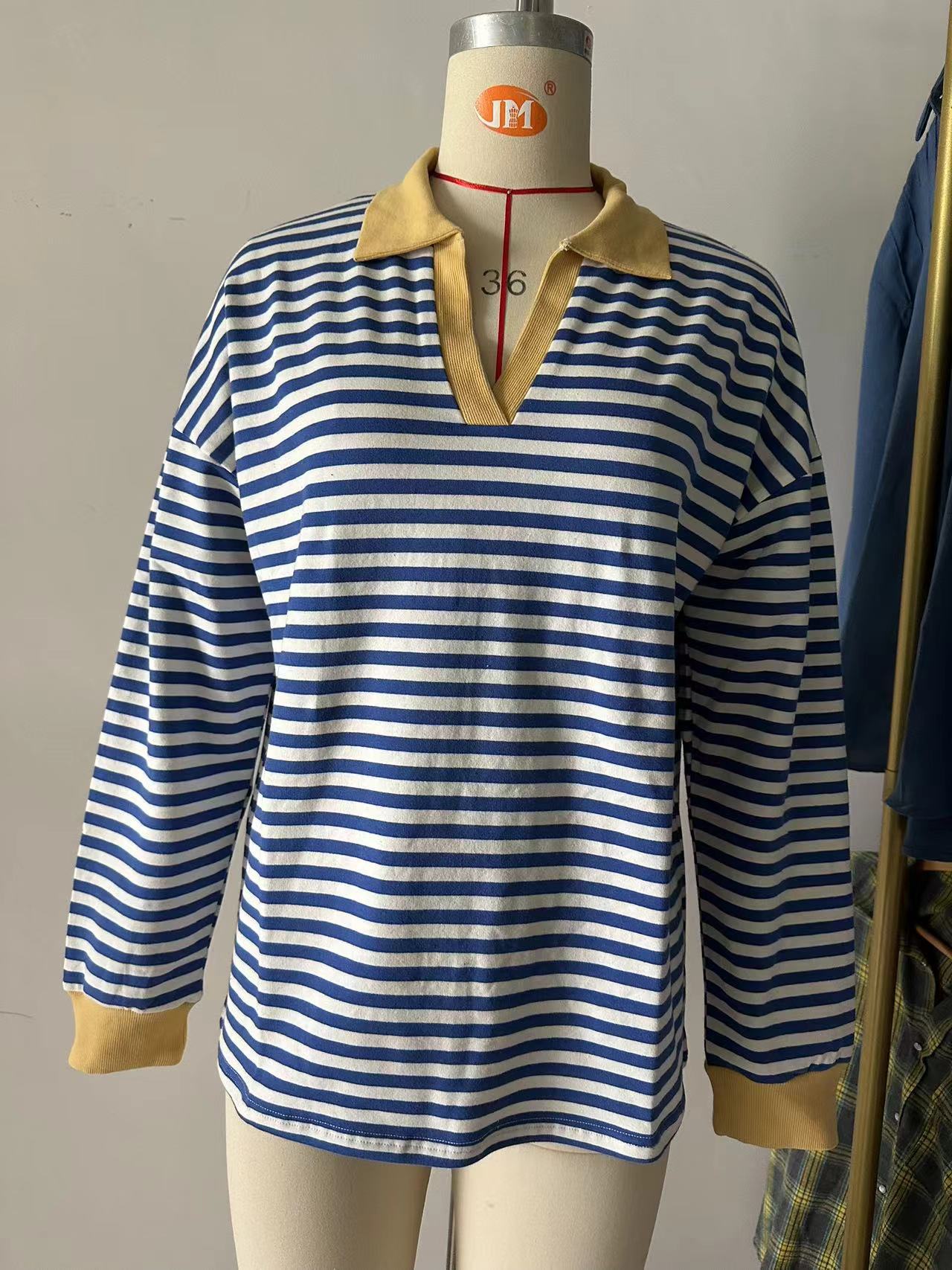 Autumn Winter Contrast Color Lapels Loose Long Sleeve Striped Sweater for Women