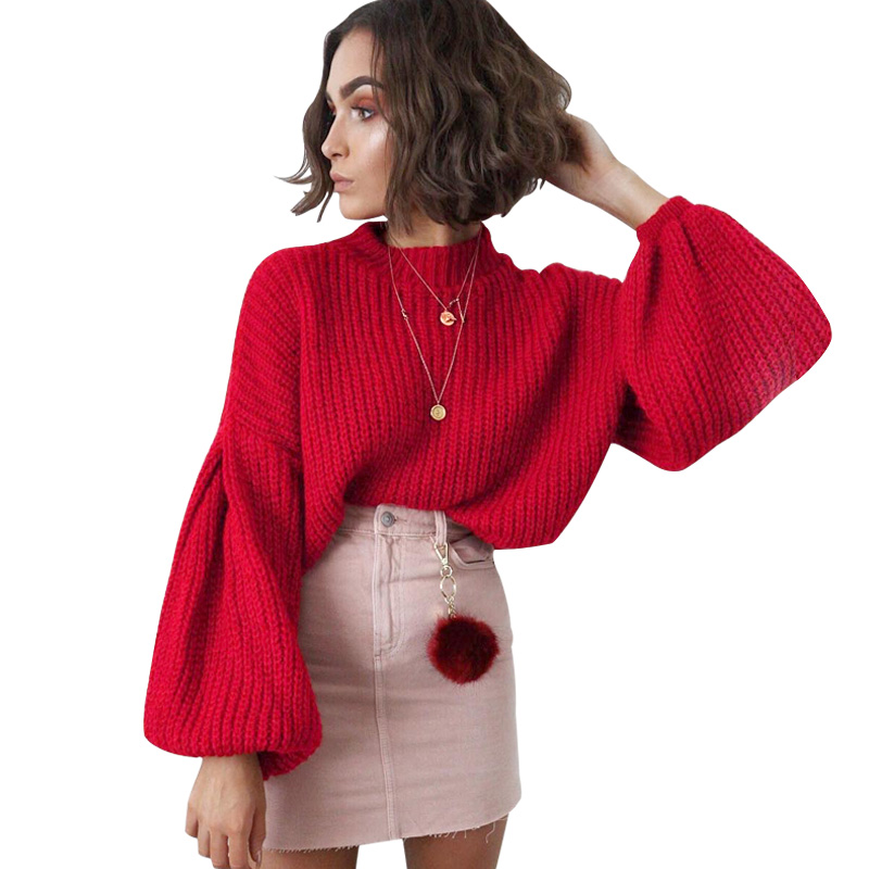 Lantern Sleeve Knitted Loose Round Neck Jumper - Sweaters - Uniqistic.com