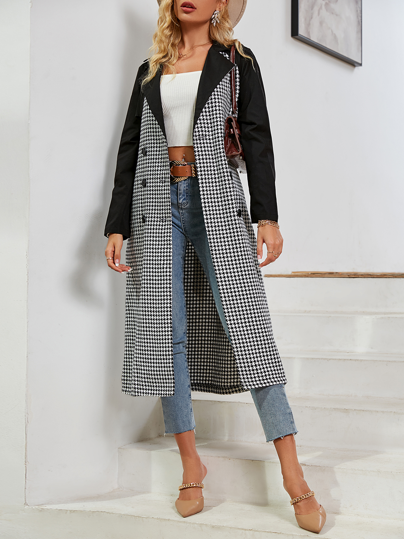 Office Lady Houndstooth Double-Breasted Cape Trench Coat - Coats & Jackets - Uniqistic.com