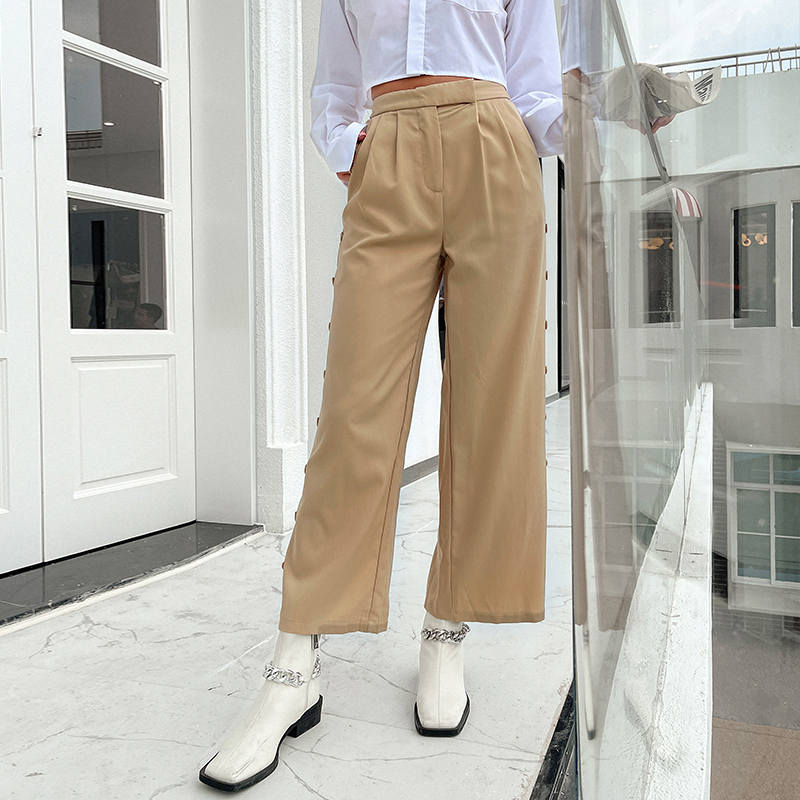 Office Lady Elastic Waist Solid Single Breasted Pocket Trousers - Pants - Uniqistic.com