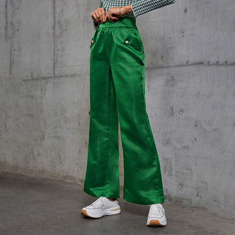 Straight Satin Silk Green Elastic Waist Wide Leg Long Pants - Pants - Uniqistic.com