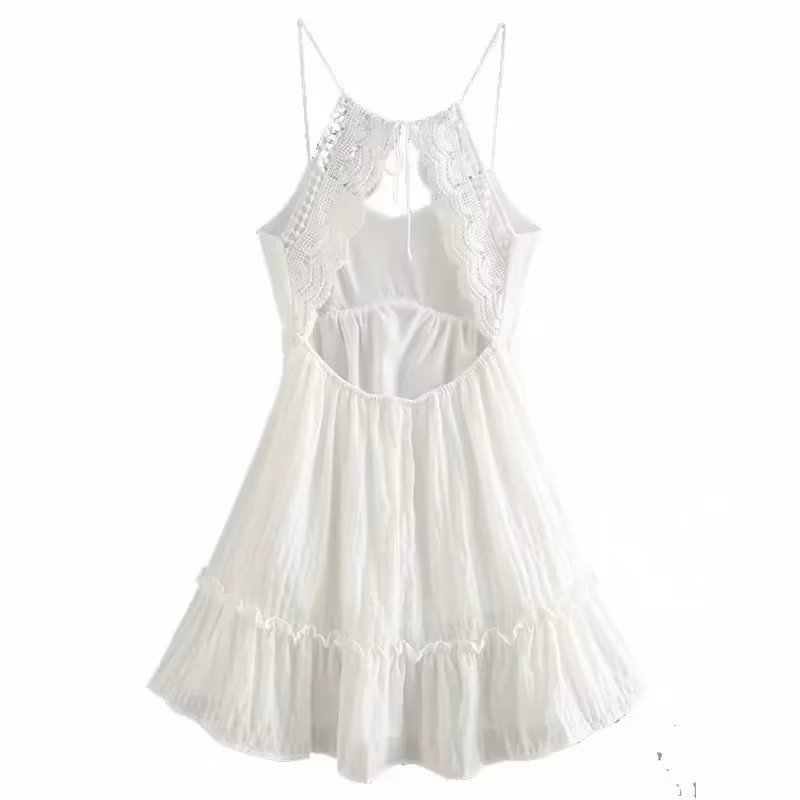 Sling Bubble Plaid Back Lace Backless Cami Bohemian White Beach Dress - Bohemian White Beach Dress - Uniqistic.com