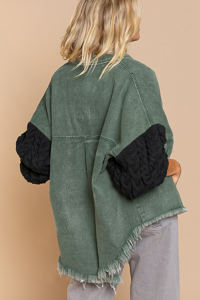 Loose Pockets Stitching Wool Sleeve Denim Jacket in Coats & Jackets