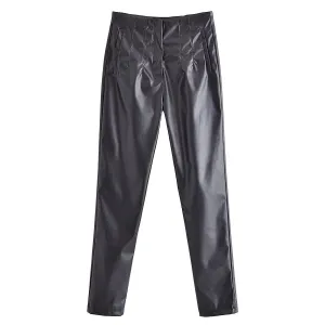 product - wholesale Women Clothing Autumn High Waist Ruched Faux Leather Pants - 3