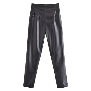 product - wholesale Women Clothing Autumn High Waist Ruched Faux Leather Pants - 4