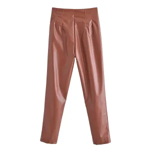 product - wholesale Women Clothing Autumn High Waist Ruched Faux Leather Pants - 6