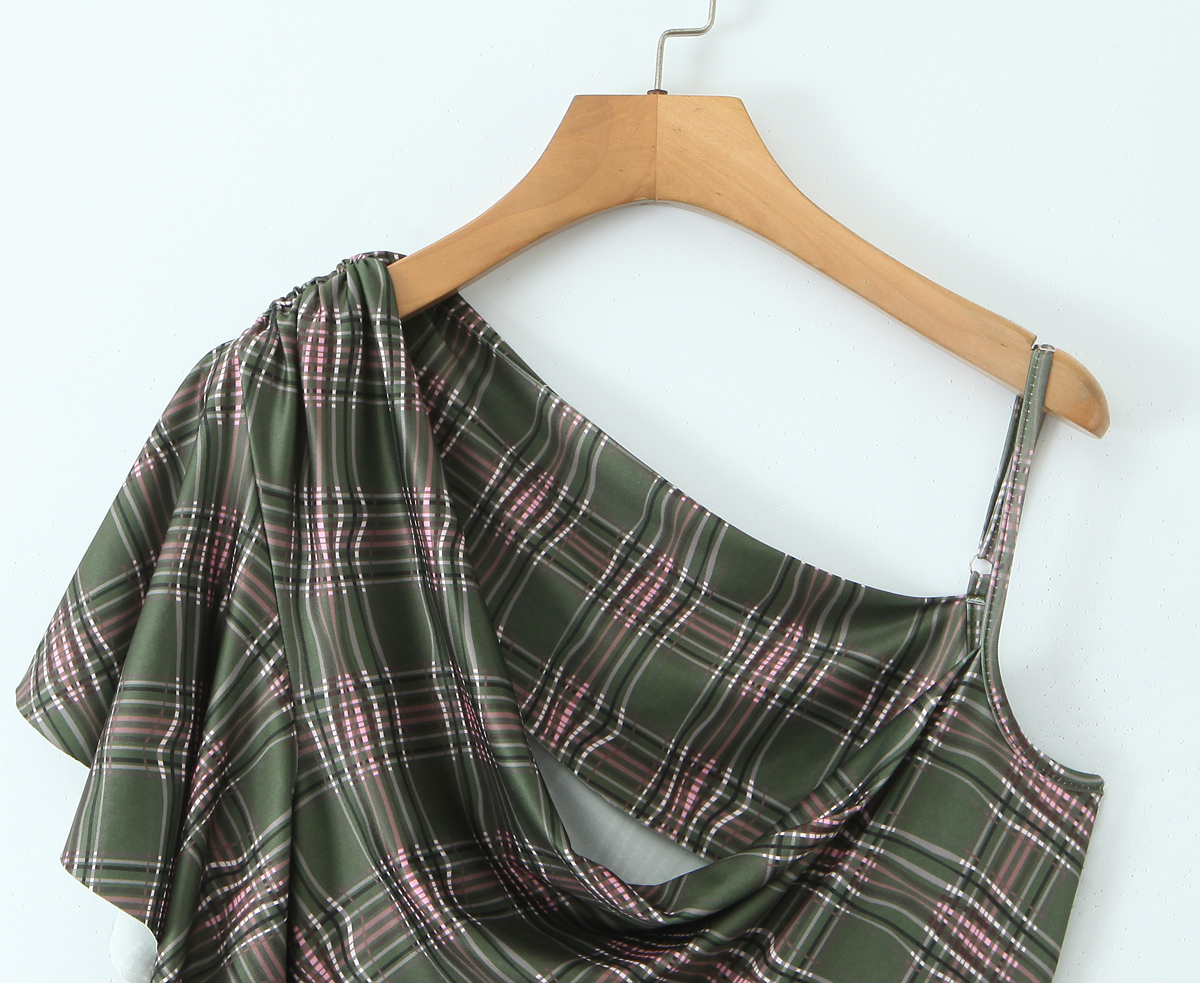 Early Spring Shoulder Diagonal Collar Retro Plaid High Elastic Irregular Asymmetric Design Dress