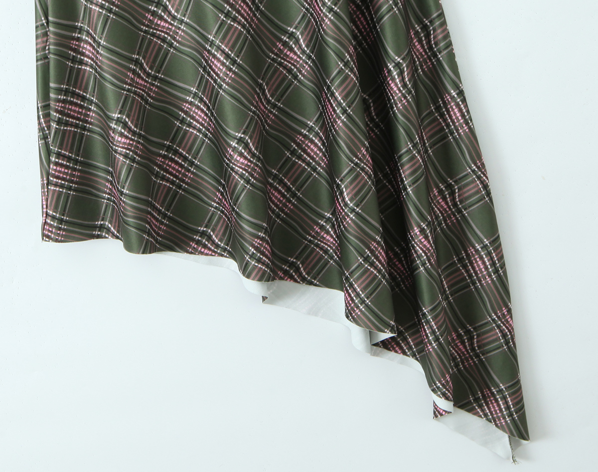 Early Spring Shoulder Diagonal Collar Retro Plaid High Elastic Irregular Asymmetric Design Dress