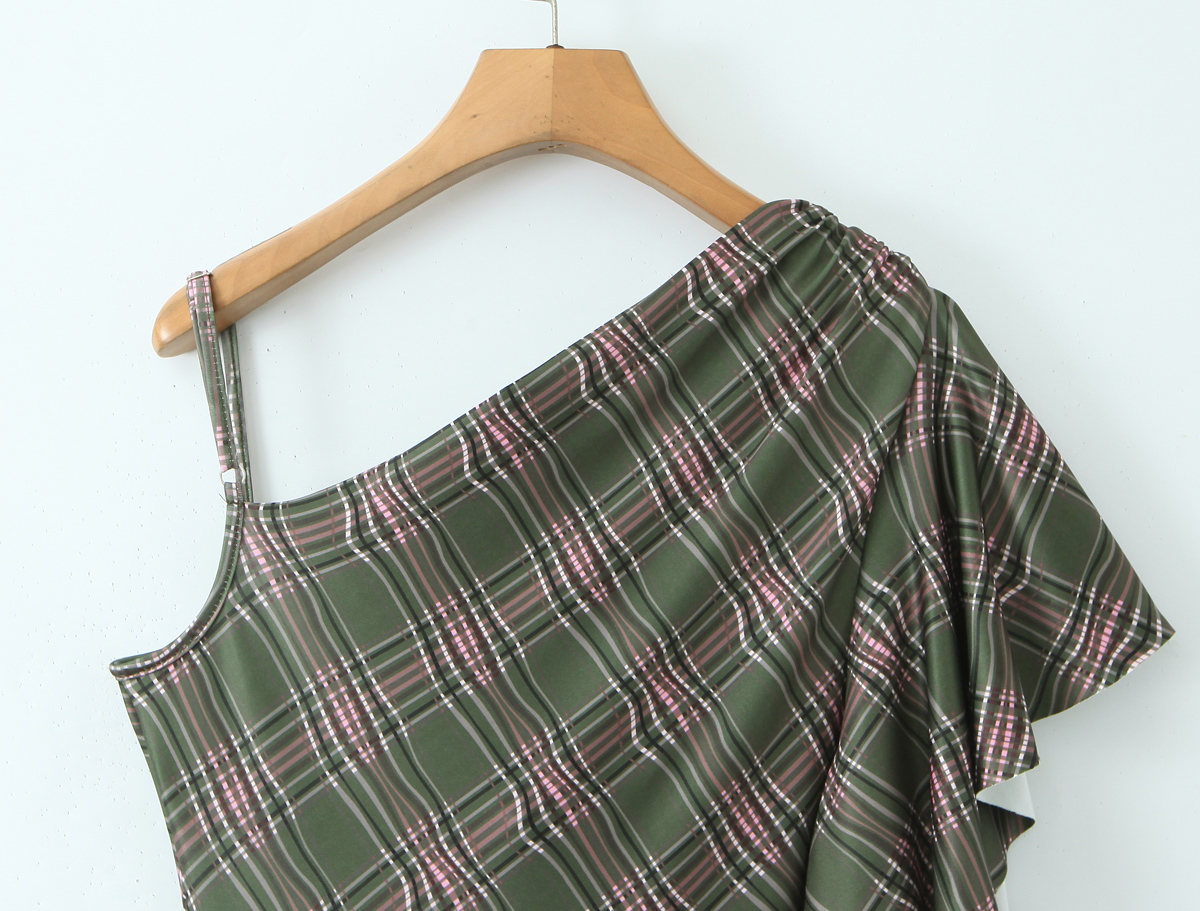 Early Spring Shoulder Diagonal Collar Retro Plaid High Elastic Irregular Asymmetric Design Dress
