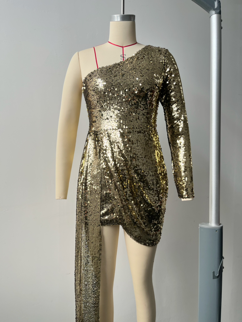 one shoulder sequin dress | iridescent sequin mini dress - Luxiaa Clothing
