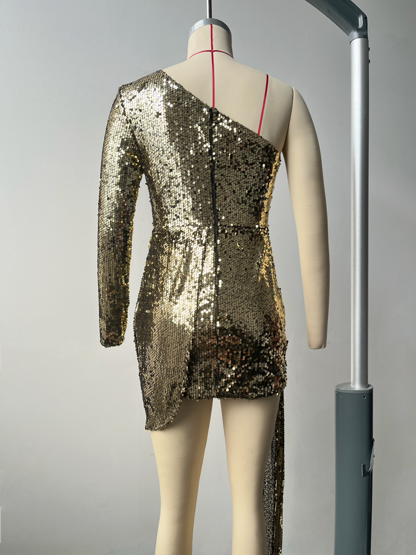 one shoulder sequin dress | iridescent sequin mini dress - Luxiaa Clothing