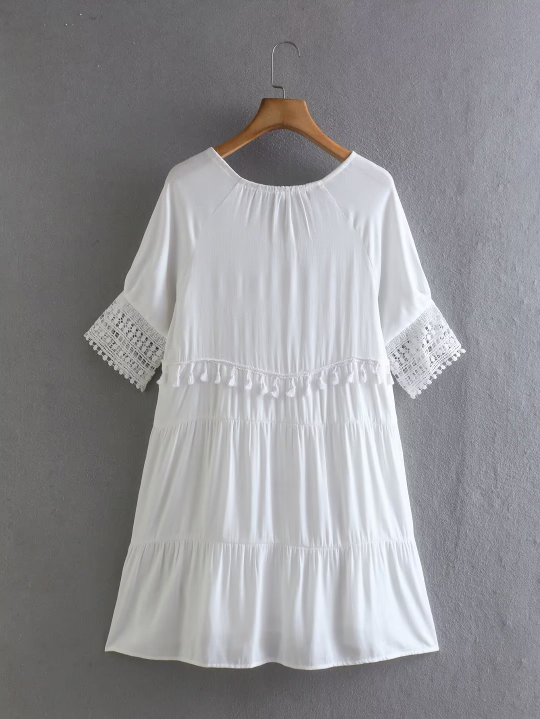 Small V Neck Wide Swing White Tiered Dress - Dresses - Uniqistic.com