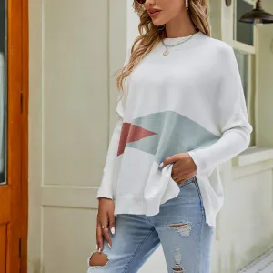 product - wholesale Loose Sweater Autumn Winter Wild round Neck Sweater Contrast Color Batwing Sleeve Pullover Sweater - 4
