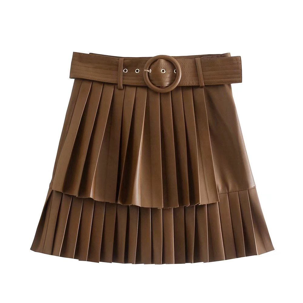 Leather Pleated Belt Skirt - Skirts - Uniqistic.com