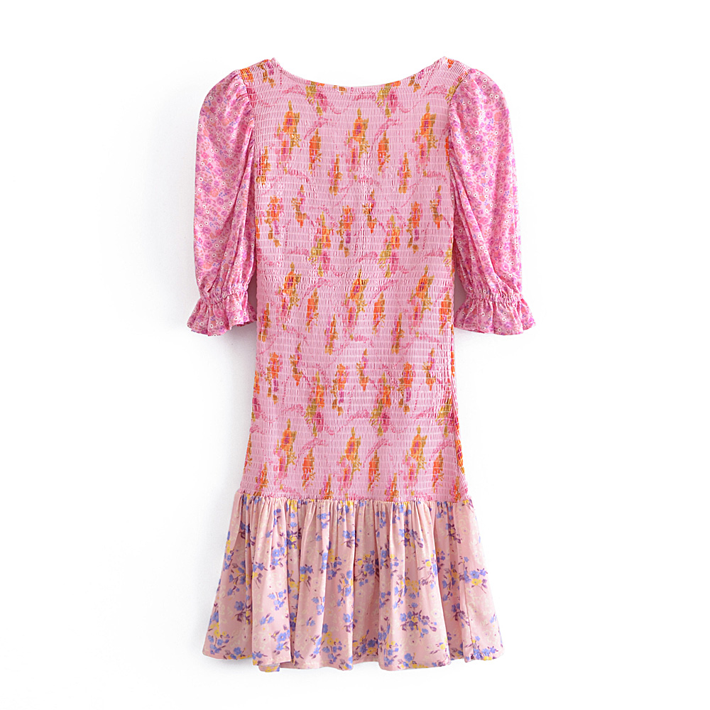 Combination of Three Color Printed Elastic Short Sleeve Dress - Dresses - Uniqistic.com