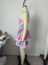 Summer Ribbon Patchwork Stripes Shoulder Tiered Dress
