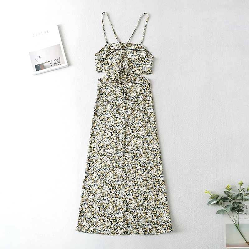 Small Chrysanthemum Wrapped Chest Backless Lace up Strap Maxi Dress - Dresses - Uniqistic.com