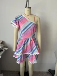 Summer Ribbon Patchwork Stripes Shoulder Tiered Dress