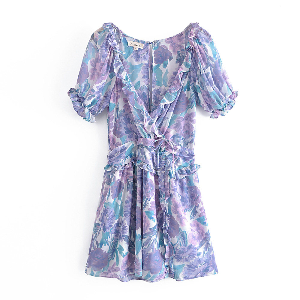 French Style Vintage Floral Print Puff Sleeve High Waist Wooden Ear Fork Dress Spring Women Clothing - Dresses - Uniqistic.com