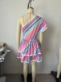 Summer Ribbon Patchwork Stripes Shoulder Tiered Dress