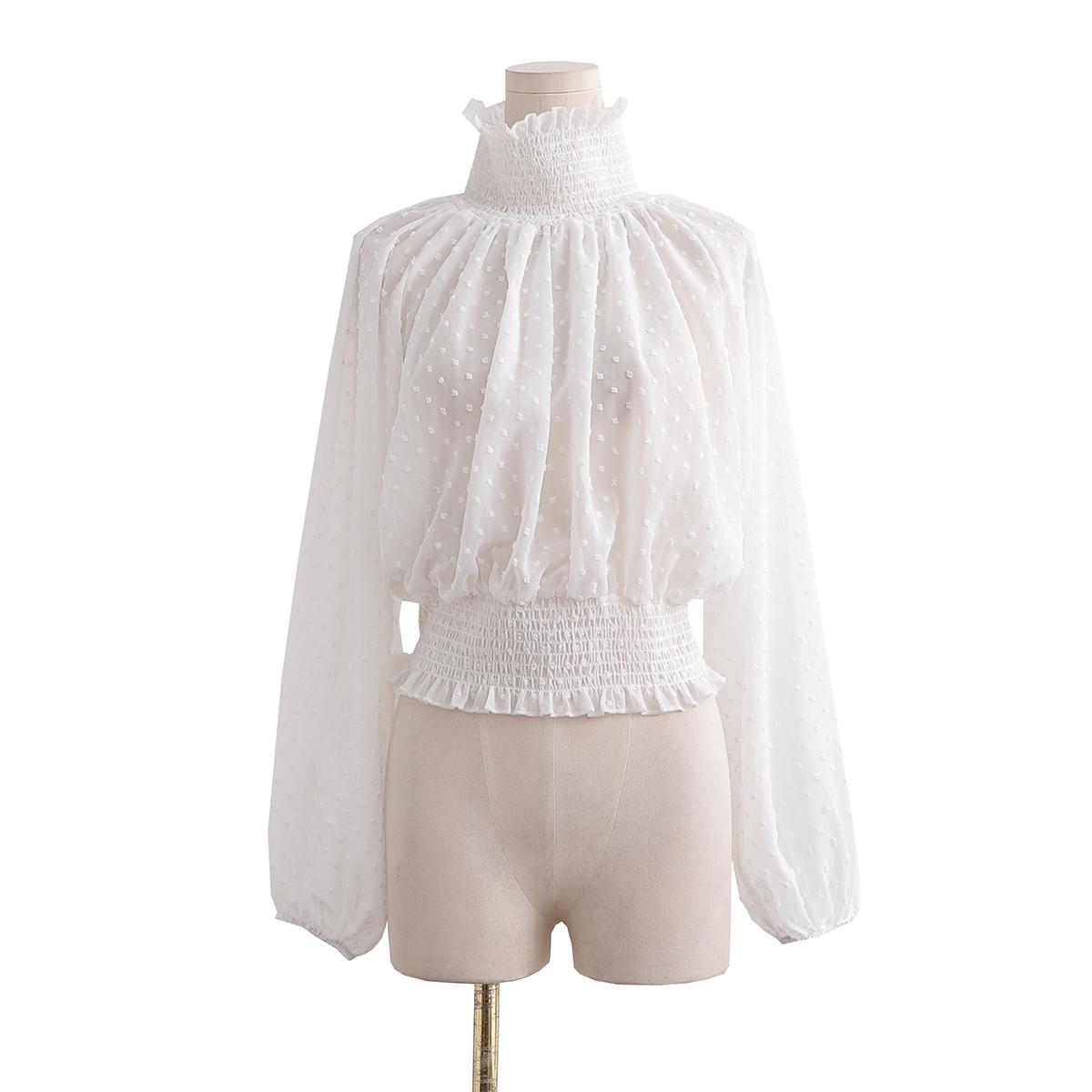 Sexy Hot Girl Style Thin See-through High Collar Loose Smocking Pleated Long-Sleeved Blouse - Blouses & Shirts - Uniqistic.com